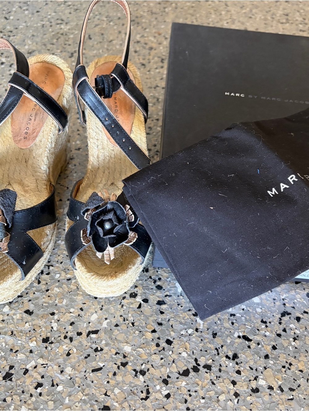 Marc by Marc Jacobs Black Leather Floral Espadrille Wedge Sandals